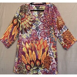 Zury Peacock Feather‎ Print Tunic Top 3/4 Sleeve Blouse V Neck Summer Floral S/M